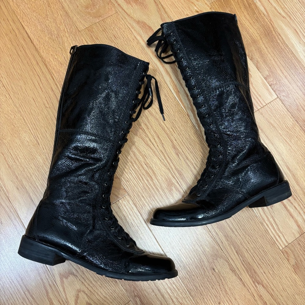 Stuart Weitzman Black Patent Leather Lace Up Tall Boots